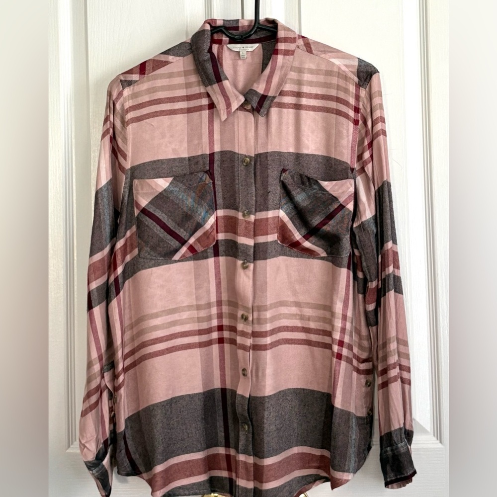 Lucky Brand Pink and Gray Plaid Button-Down Shirt , size large